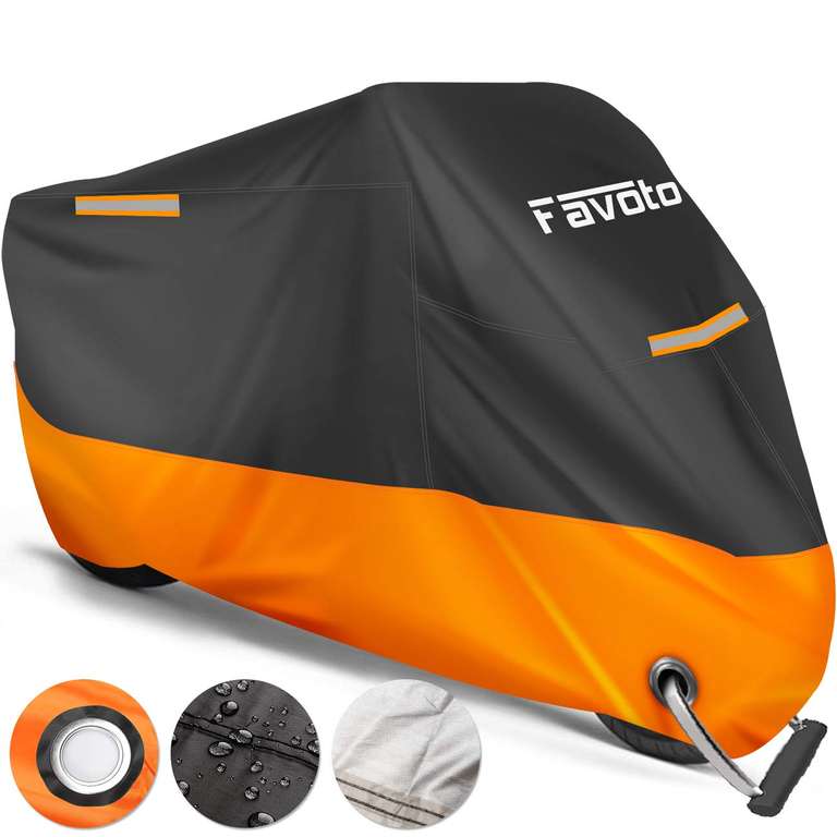 Favoto Funda para Moto 210D Impermeable con Banda Reflectante a Prueba de Sol Lluvia Polvo Viento Nieve... 245x105x125cm Negro+Naranja