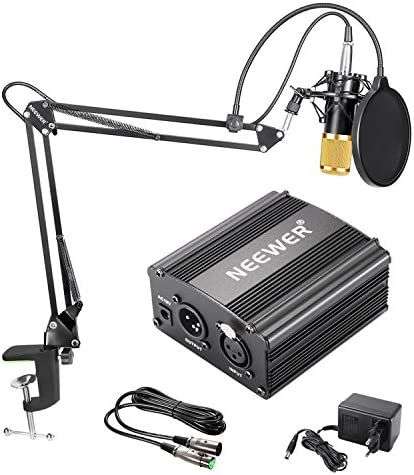 Neewer NW-800 Kit de Micrófono de Condensador de Oro - Fuente de Alimentación Negra 48V Phantom Soporte de Brazo