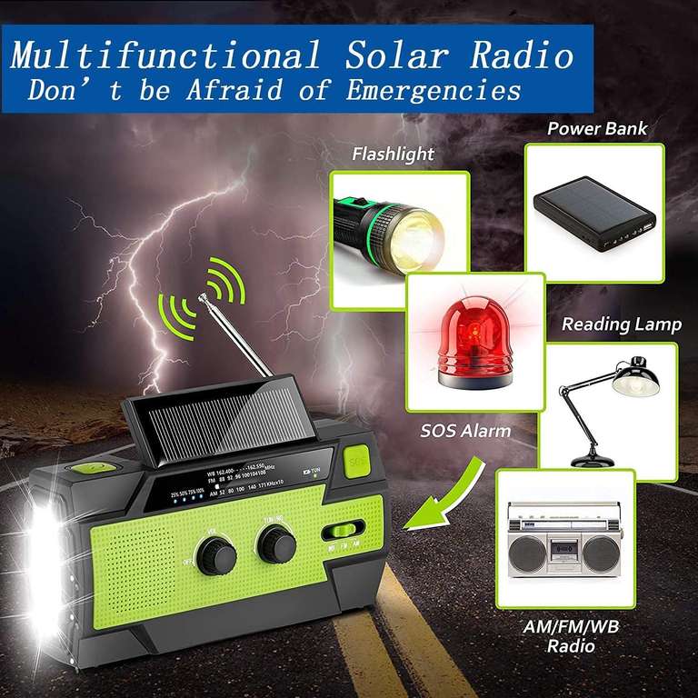 Radio portatil emergencia, solar, 4000mAh, power bank, AM/FM, linterna, SOS