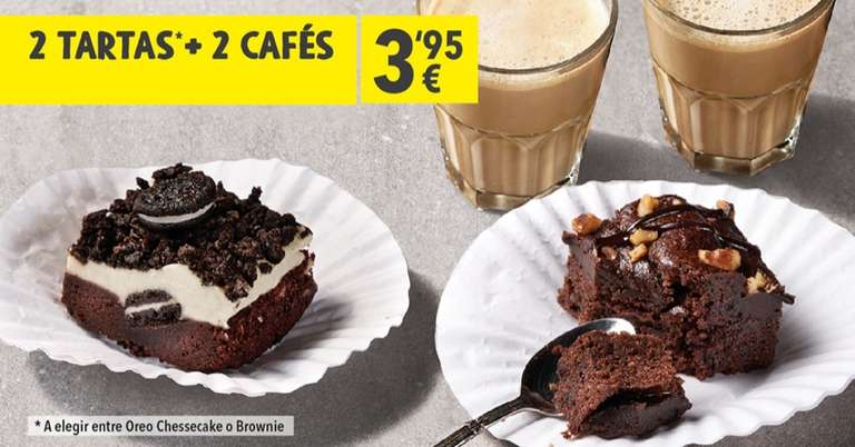 Menú con dos tartas Cheesecake de oreo o Brownie y dos cafes a 3.95 euros en Pans&Company