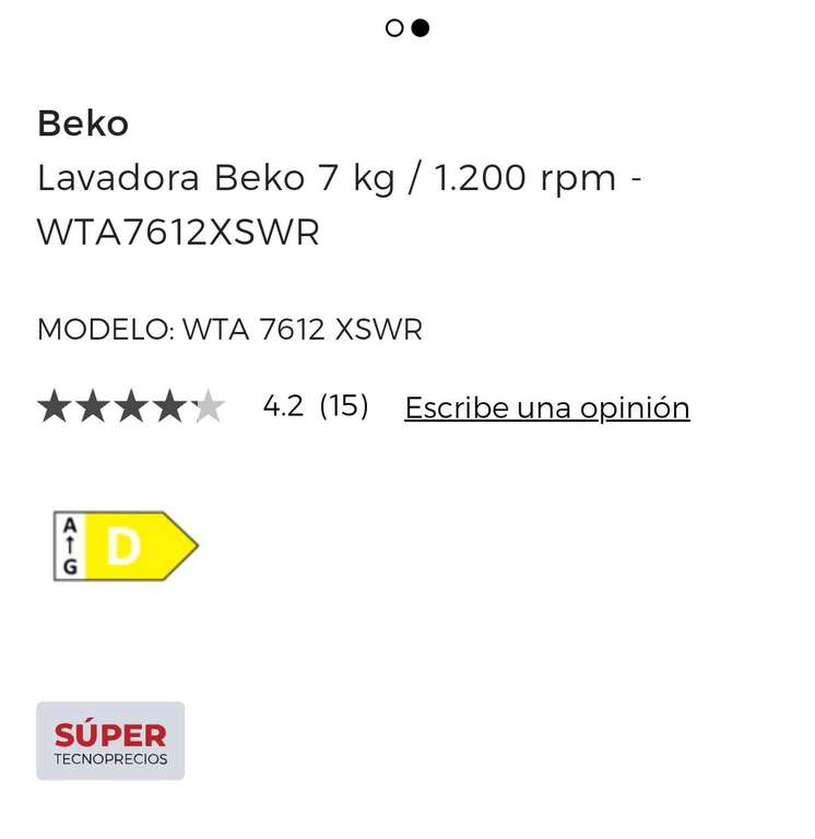 Lavadora carga frontal Beko 7kg 1200rpm. Modelo WTA7612XSWR