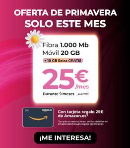 Fibra Adamo 1000Mb + Móvil 20Gb + 10Gb extras + 25€ de regalo amazon ¡Ahorra 144€!