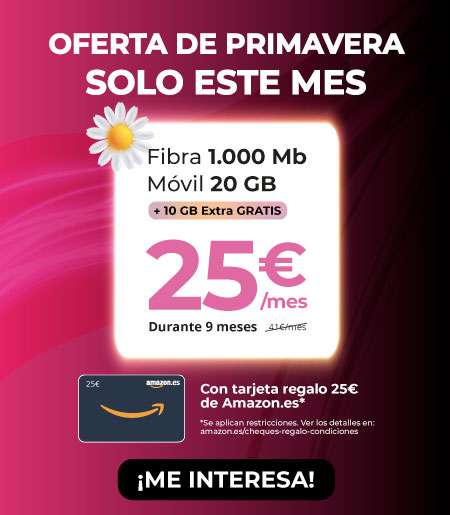 Fibra Adamo 1000Mb + Móvil 20Gb + 10Gb extras + 25€ de regalo amazon ¡Ahorra 144€!