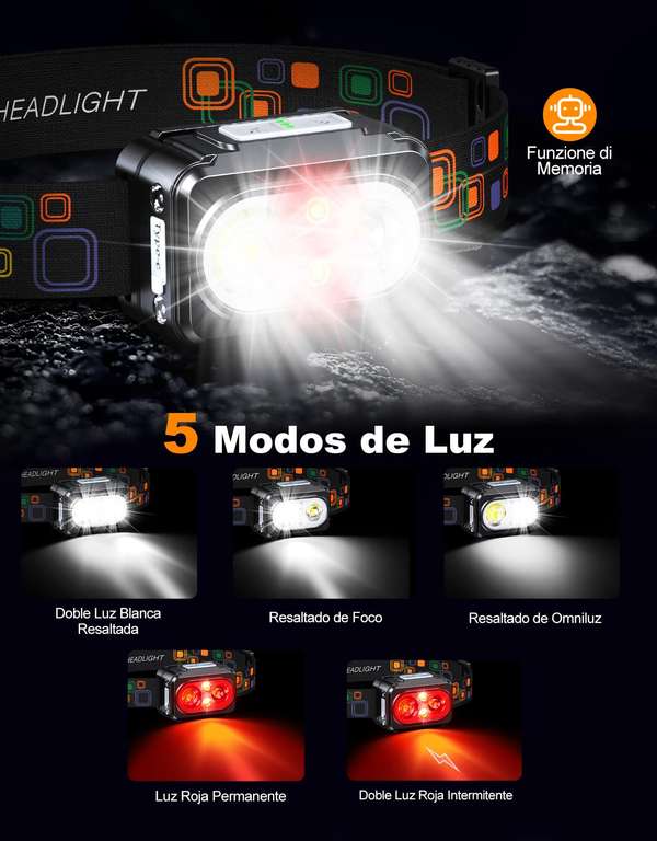 Linterna Frontal LED Recargable con Luz Roja & Sensor de Movimiento, 5 Modos de Iluminación e Impermeable IPX4