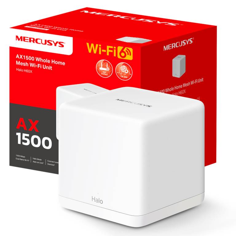 Mercusys Mesh WiFi Router 6 AX1500Mbps, 3 Gigabit WAN/LAN Ports, Parental Control, WiFi Mesh Router, Halo H60X (1 Pack)