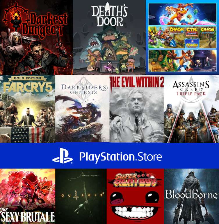 Saga(Assassin's Creed), Darksiders, Death's Door, Bloodborne, JustCause, FarCry, Outlast, SexyBrutale, Meat Boy, Crash, Outlast,Valkyria