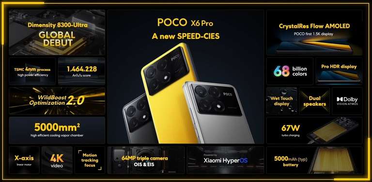 Xiaomi Poco X6 Pro 5G - 12/512GB, AMOLED de 6.67” 120Hz 1.5K, MTk Dimensity 8300-Ultra, Triple cámara de hasta 64MP, 5000mAh - Smartphone