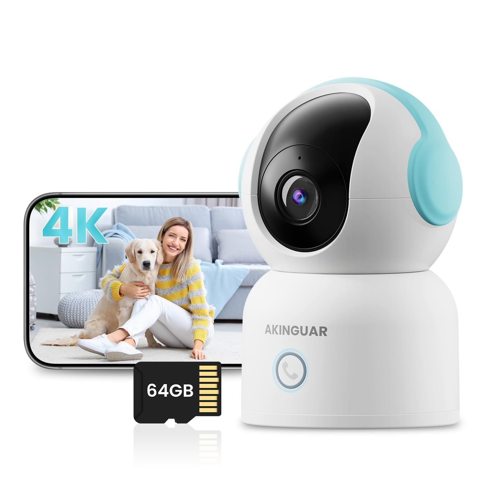 4K 8MP Camara Vigilancia WiFi Interior Tarjeta 64GB 2.4/5GHz WiFi 360° PT Cámara IPDeteccion Automático,Audio Bidireccional,Visión Nocturna