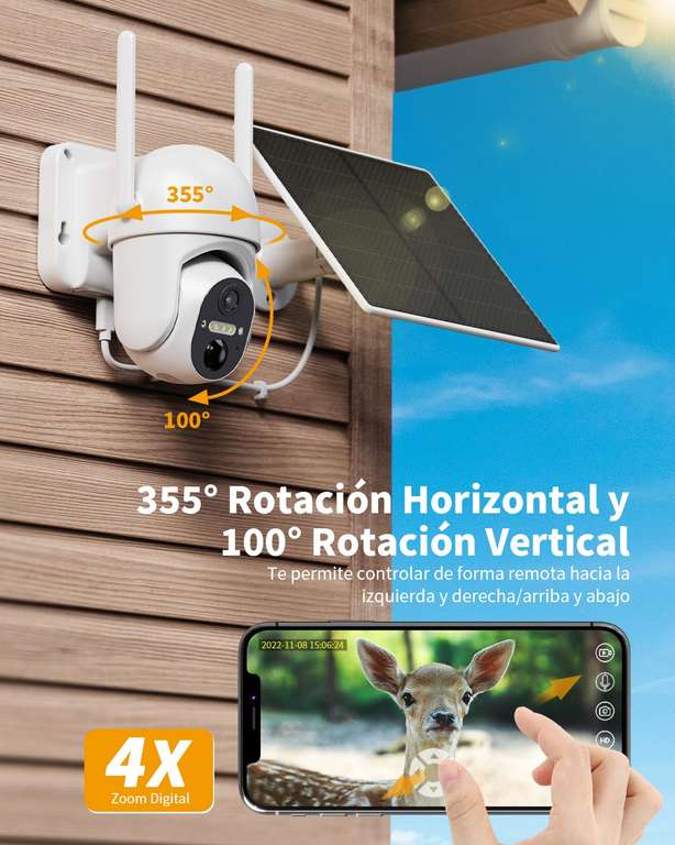 Panel solar 2K para cámara de seguridad al aire libre, sistema de cámara de vigilancia con energía solar IP65, visión nocturna a color, conversación de 2 vías, foco y sirena, compatible