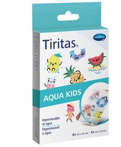 TIRITAS Aqua Kids: Apósitos aptos para contacto con agua perfectas para niños. Dejan transpirar la piel; 2 tamaños; 12 unidades