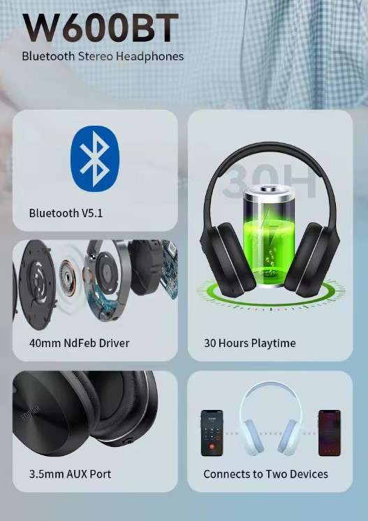Edifier-auriculares inalámbricos W600BT con Bluetooth 5,1, dispositivo de emparejamiento con micrófono, hasta 30 horas de reproducción