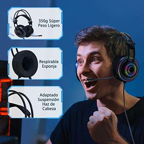 Umi Cascos Gaming Diadema, Auriculares con Microfono Luz RGB USB & 3.5mm Cable, Cascos Gaming PC PS4 Switch Xbox - Negro