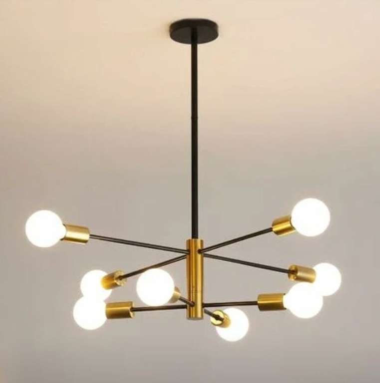 Lámpara de araña con base E27 de 8 luces en oro y negro, ajuste de rotación de 360°.