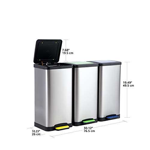 Amazon Basics - Cubo de basura, 3 unidades, con 3 cubos de 15 L, color amarillo, azul y verde