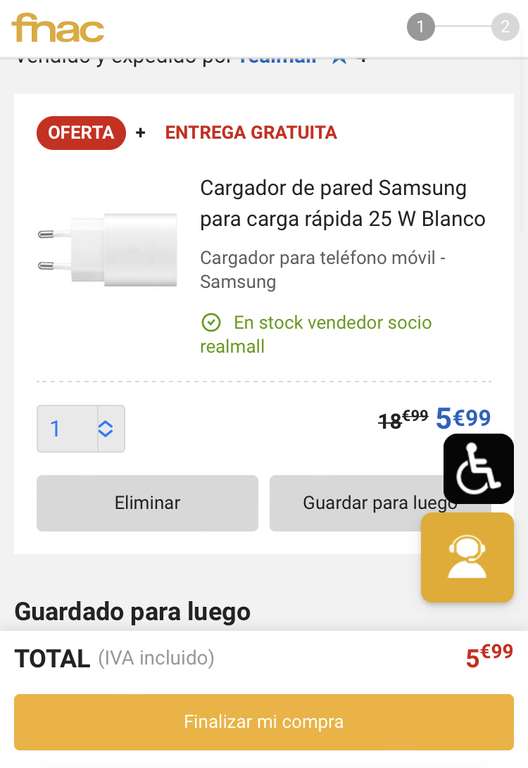 Cargador Samsung carga rápida 25 W Blanco