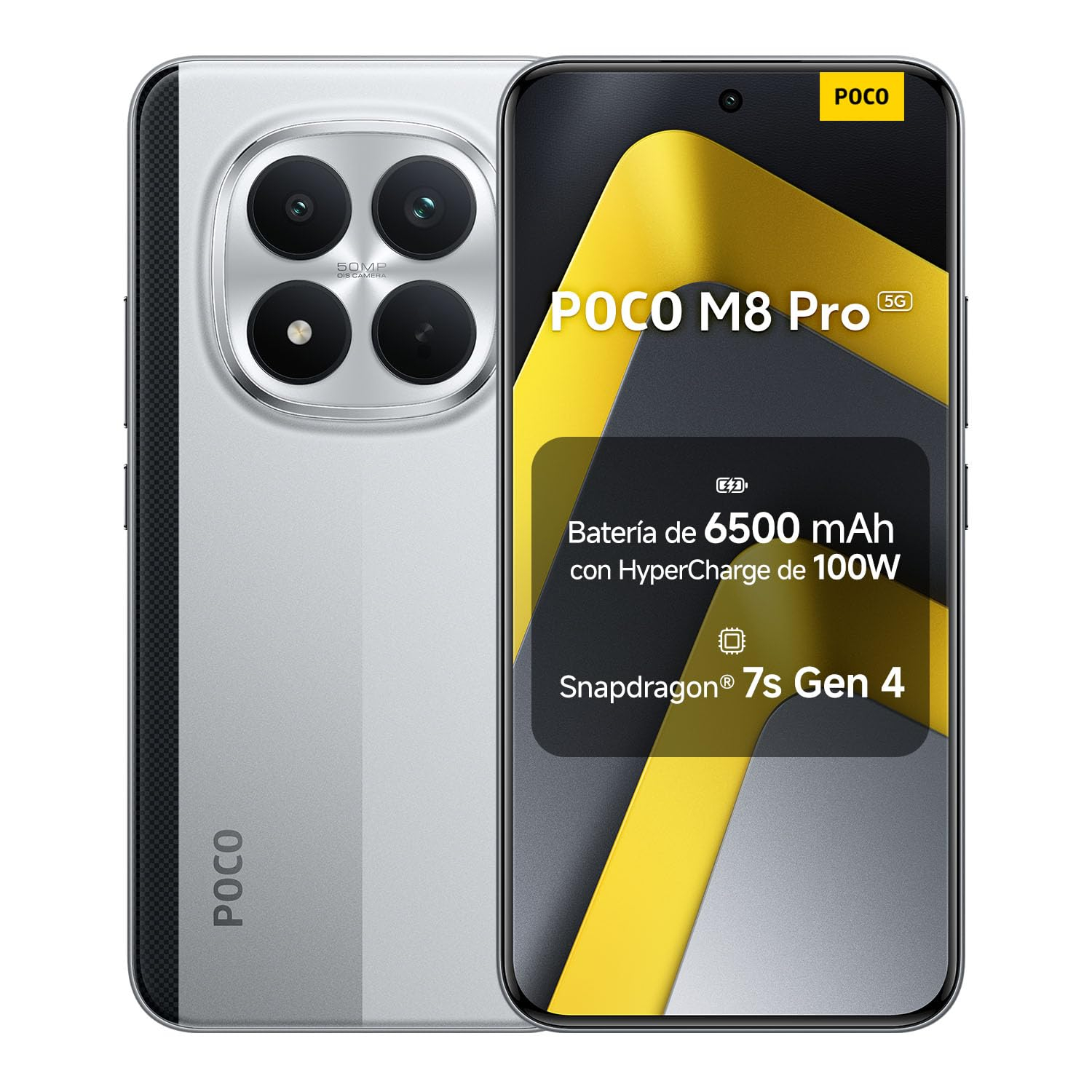 Xiaomi POCO M8 Pro 5G 8+256GB (Pantalla 6.83" 1.5K AMOLED, Snapdragon 7s Gen 4, Cámara 50MP, Hypercharge 100W, Plata)