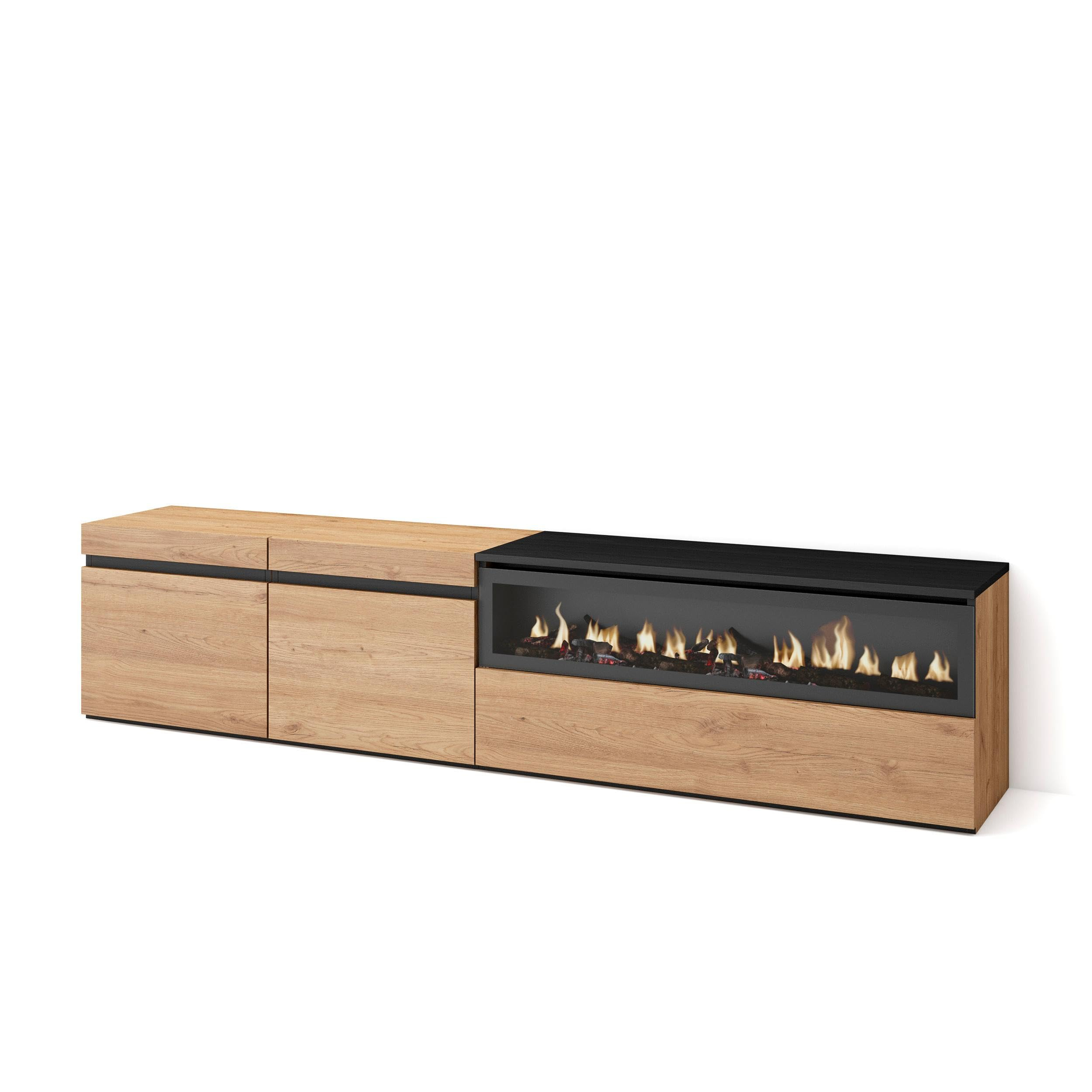 Skraut Home | Mueble TV | Televisión | Muebles de salón, almacenaje | 200x45x35cm | para TV hasta 80" | Chimenea eléctrica