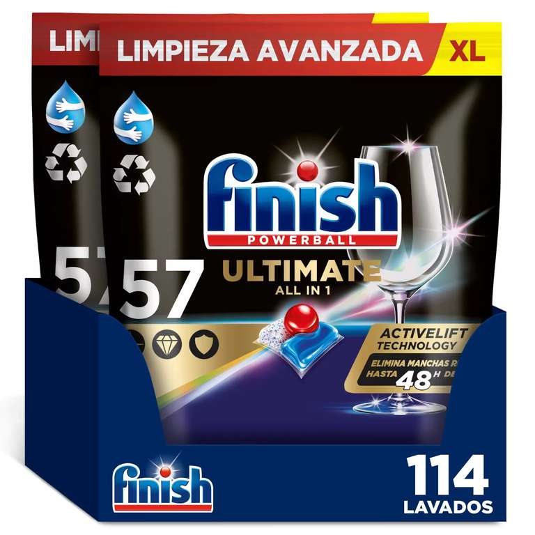 Finish Powerball Ultimate All in 1 pastillas, 114 Cápsulas Lavavajillas, Aroma Regular, Formato 2 Paquetes de 57 Pastillas
