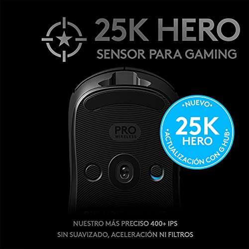 Logitech G PRO Ratón Gaming Inalámbrico, Captor HERO 25K, 25,600 DPI, RGB, Ultra-ligero, 4-8 Botones Programables, PC/Mac, Negro