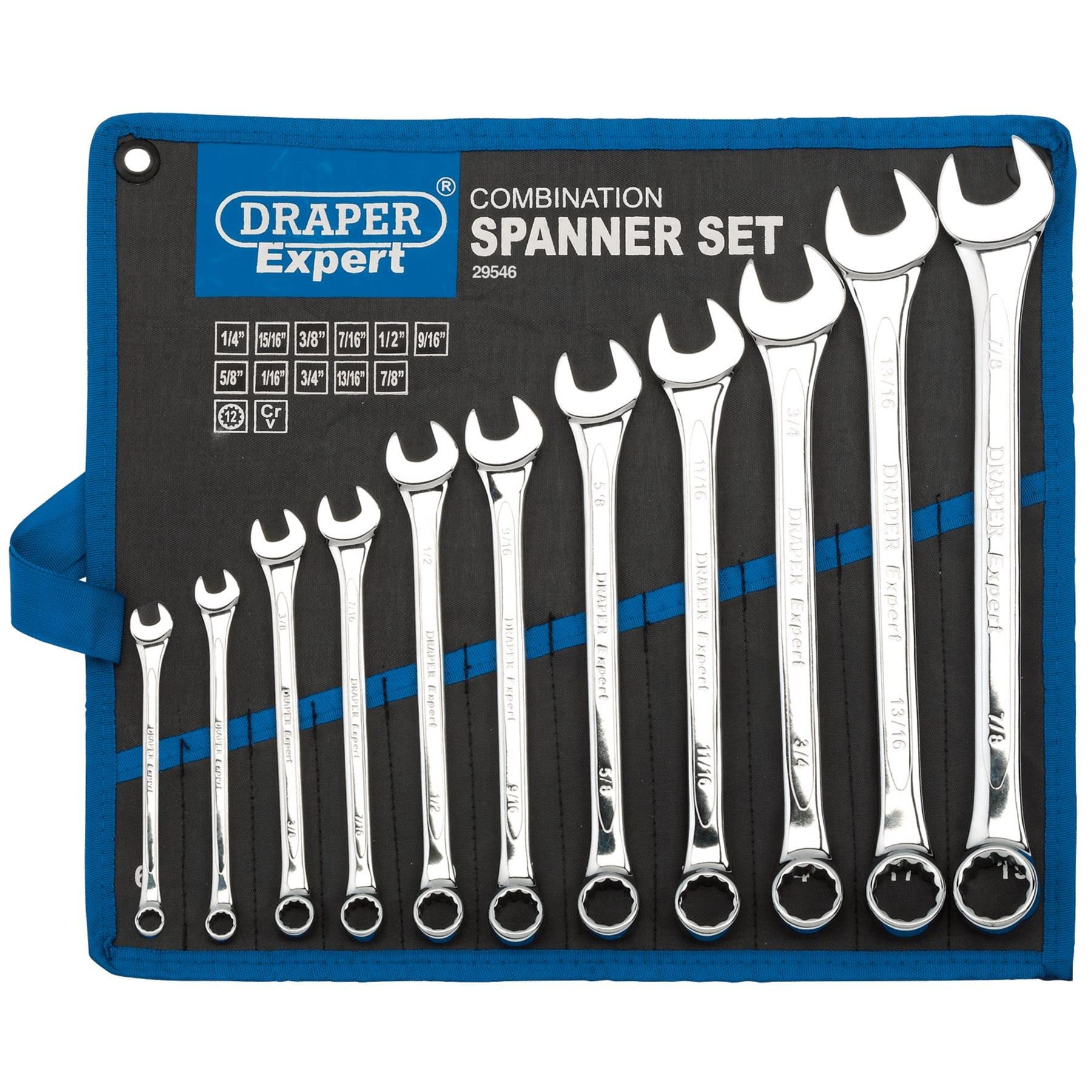 Juego Llaves Combinadas Draper 29546 (11 piezas, acero cromo vanadio, anillo Hi-Torque, acabado satinado, soporte de pared/transporte)