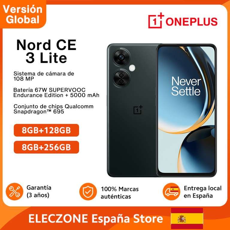OnePlus Nord CE 3 Lite 5G versión Global, Snapdragon 695, 6.72inches, 120Hz, 5000mAh, 67W SUPERVOOC, 108MP Cámara principal, NFC