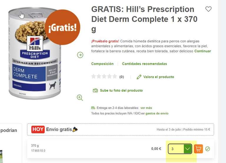 3 latas de regalo con tu pedido de 15€ Hill’s Prescription Diet Derm Complete perros