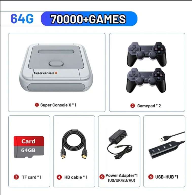 Super Console X Retro 64GB, compatible con 70000 juegos, 50 emuladores para PS1/PSP/MAME/DC con controladores (128GB - 24.78€)
