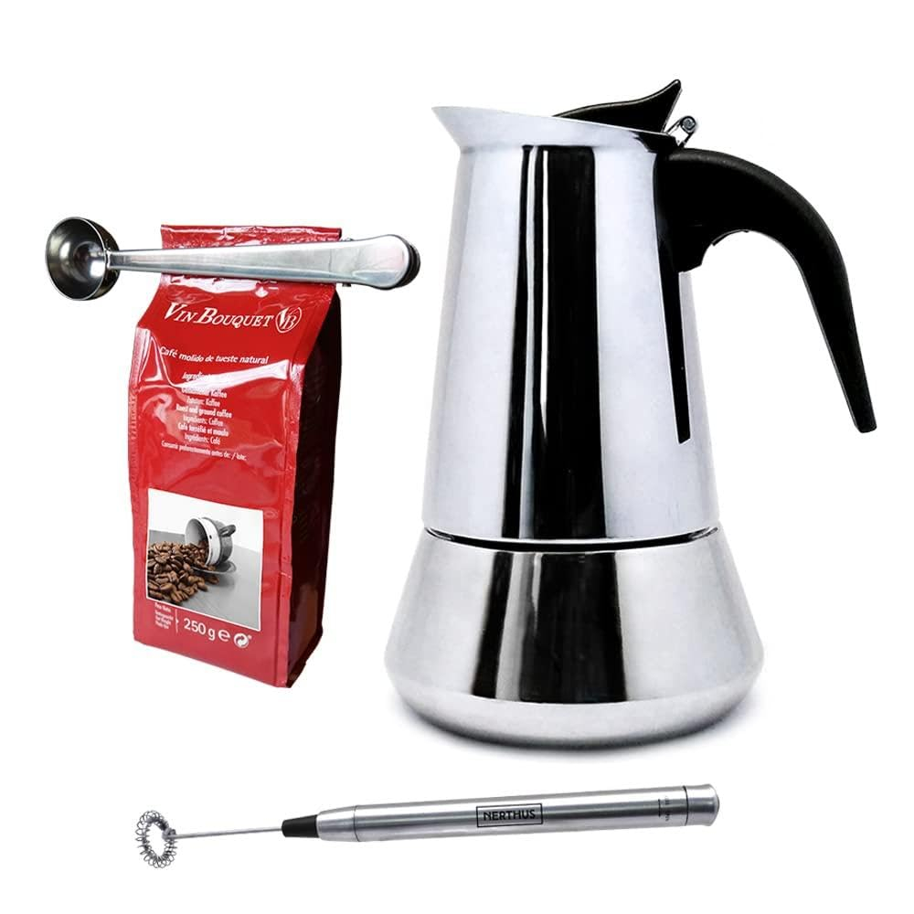 Nerthus FIH 1124 set cafetera italiana acero inoxidable 10 tazas + espumador y pinza para café
