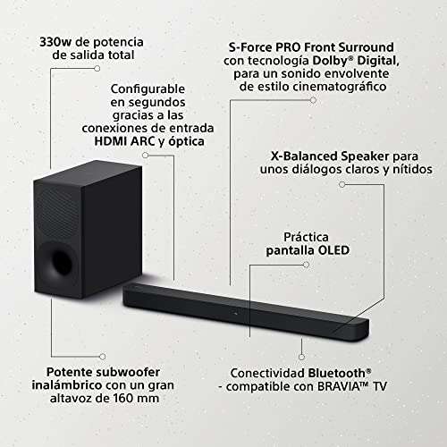 Sony HT-S400 Barra de Sonido de 2.1 Canales con un Potente subwoofer inalámbrico y tecnología de Altavoz X-Balanced, Negro
