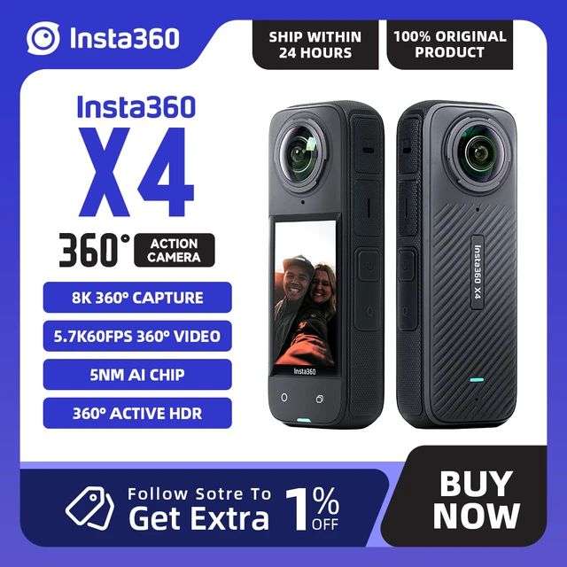 Insta360 X4-8K: Cámara de acción impermeable con vídeo 4K, Selfie Stick invisible