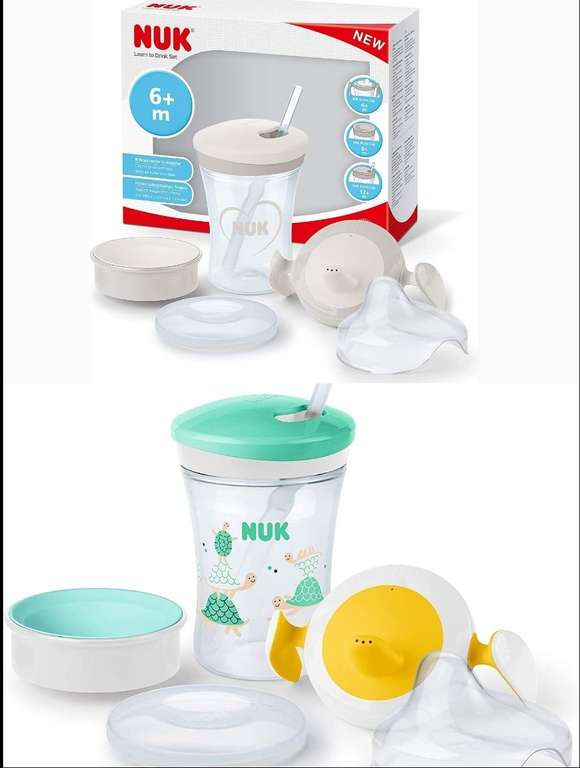 NUK Set con biberón Trainer Cup (6M+) | vaso antiderrame bebé Magic Cup 360° (8M+) y taza para niños Action Cup (12M+) | 230 ml.