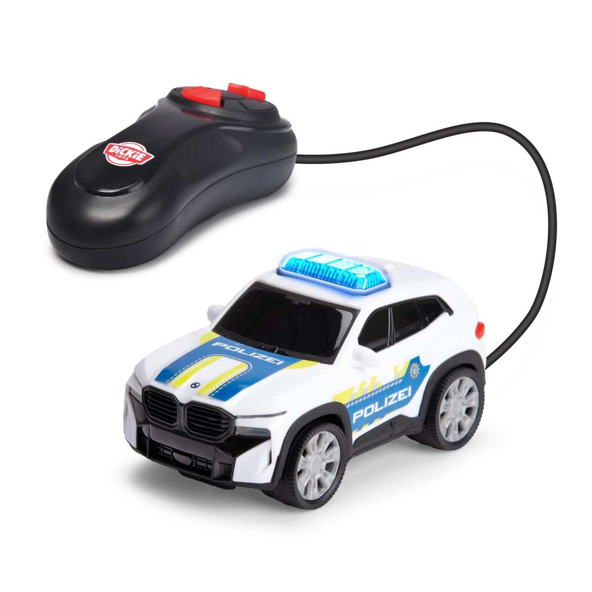 Dickie Toys BMW XM 1:36 13 cm, Coche policía teledirigido Cable de Control Remoto, luz, Curva hacia adelante y hacia atrás, función Try Me