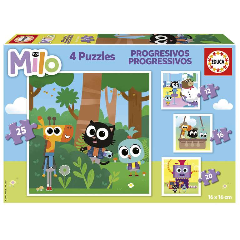 Educa - Set de 4 Puzzles Infantiles progresivos de 12 a 25 Piezas | Milo. Medidas: 16 x 16 cm. Recomendados a Partir de 3 años (19543)