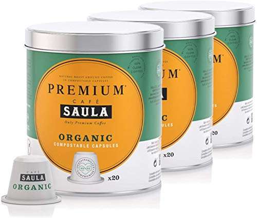 Café Saula, Pack 3 botes con 60 cápsulas compostables. Café 100% Orgánico. Compatibles Nespresso. También Descafeinado y Original.