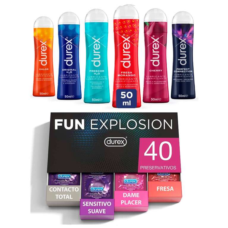 Durex - Lote Fun Explosion, Pack 40 Preservativos + 6x Lubricantes Durex 50ml