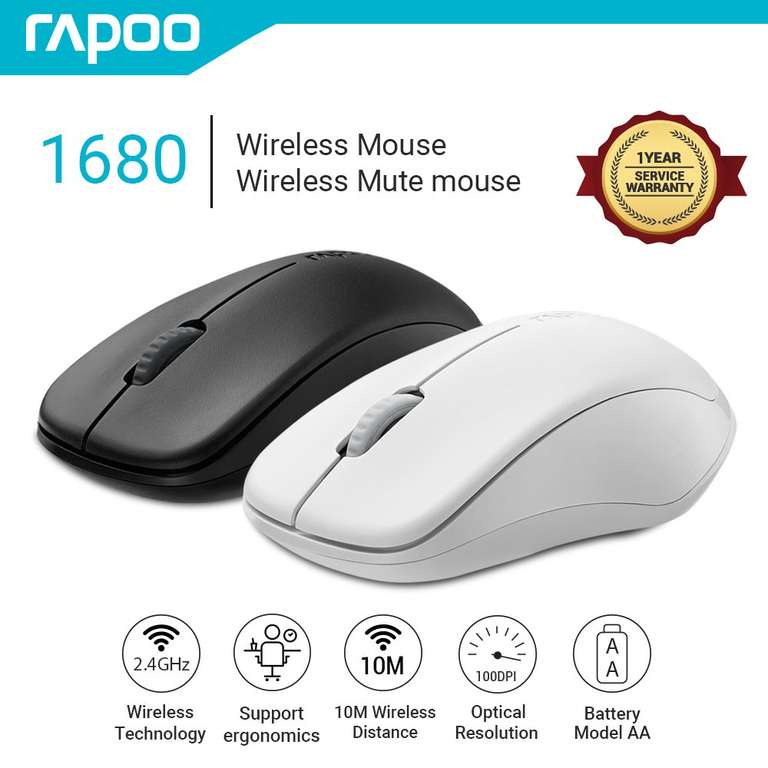 RAPOO-ratón inalámbrico 1680, Mouse ergonómico silencioso de 1000 DPI, 3 botones, silencioso, 2,4G
