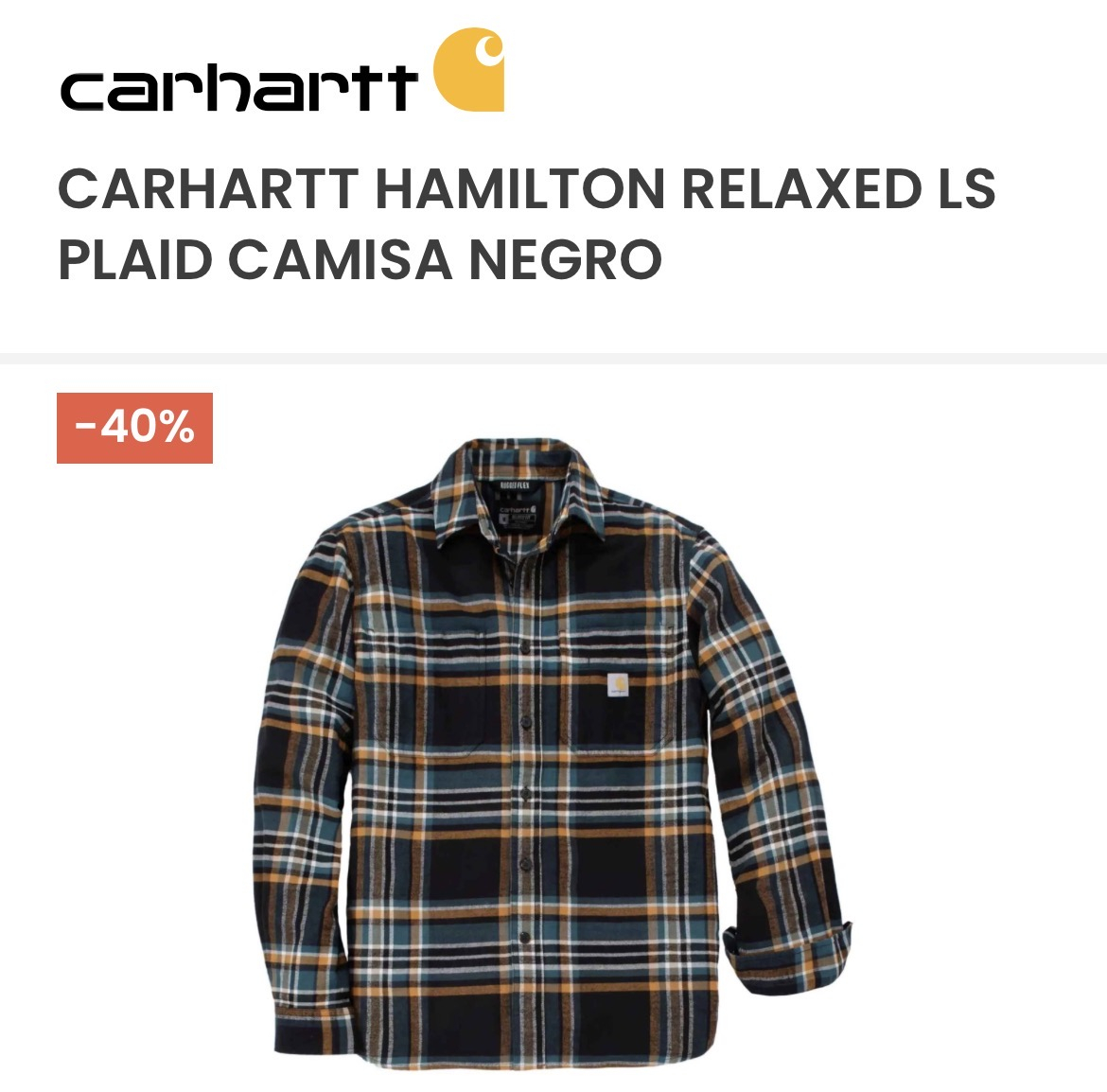 Camisa CARHARTT HAMILTON RELAXED LS PLAID CAMISA NEGRO