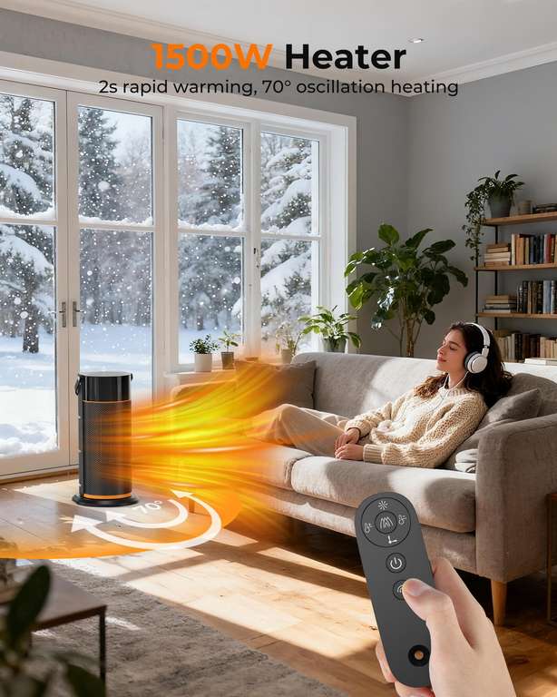 Calefactor Cerámico 2000W Bajo Consumo - 4 Niveles De Potencia, Oscilación 70°, Control Remoto, Protección Vuelcos, Ideal Para Dormitorio Y Oficina