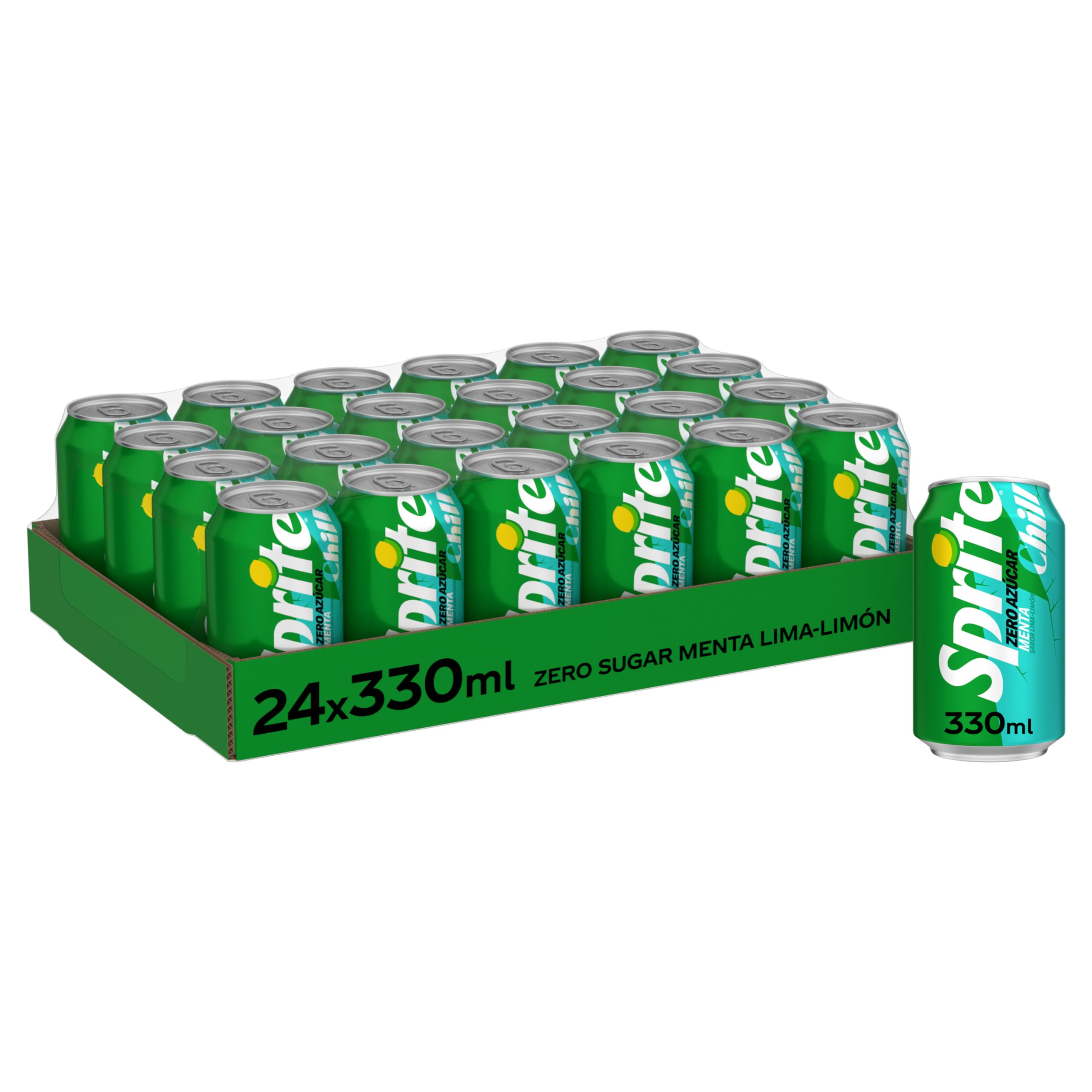 Sprite Zero Chill Mint, Refresco Lima Limón Menta, Pack 24 x 330 ml Bebida refrescante sabor lima limón con menta, aromas naturales.
