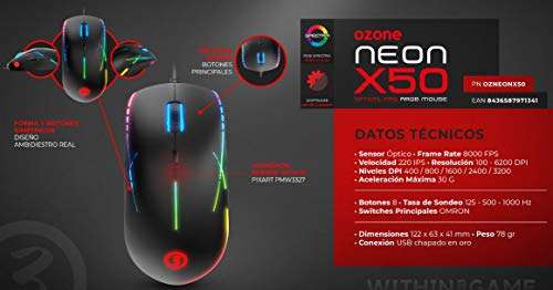 Ozone Gaming Ratón Neon X50 - Avanzado - Sensor Óptico Pixart PMW3327, ARGB, 6200 dpi, Botones Programables, Ambidiestro, Ergonómico
