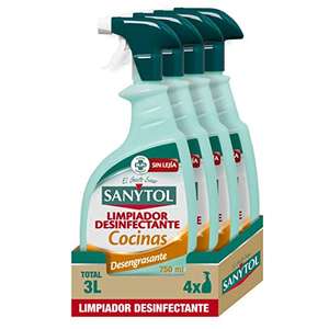 Sanytol - Limpiador Desinfectante Desengrasante Cocinas, Elimina Bacterias, Hongos y Virus Sin Lejía, Perfume Limón- Pack de 4 x 750 ML = 3L