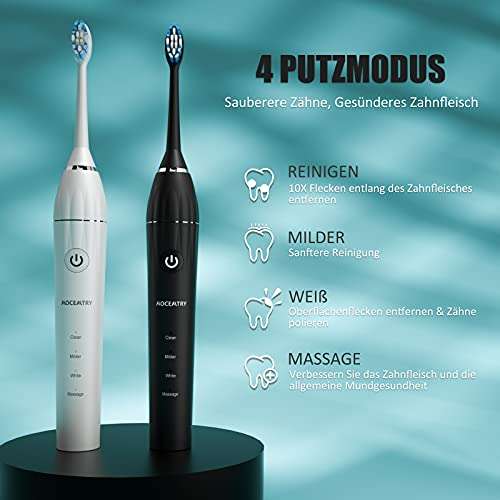 Cepillo de dientes eléctrico sónico, recargable, con 4 modos y temporizador de 2 minutos, 4 cabezales (negro y blanco)