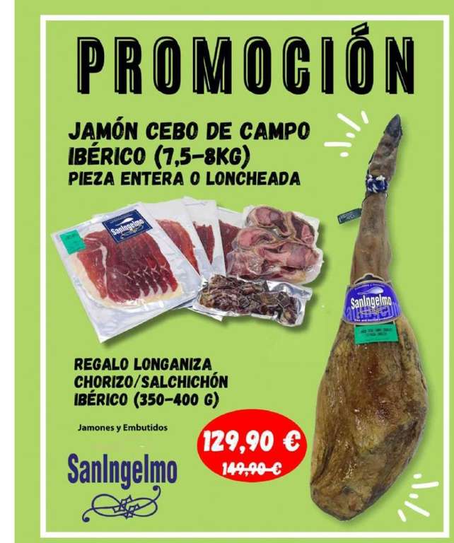 Jamón de Cebo de Campo Ibérico (Brida Verde)+ Loncheado gratis+ Salchichón, longaniza y chorizo gratis PIEZA de 7,5 a 8 Kg