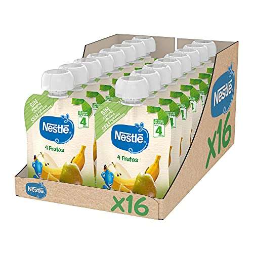 Nestlé Papillas Bolsita de puré de frutas, Variedad 4 Frutas, Para bebés a partir de 4 meses, 90 g (Paquete de 16)