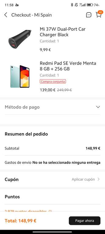 Xiaomi Redmi Pad SE 8gb 256gb + Cargador de coche (Con mi points 119€)