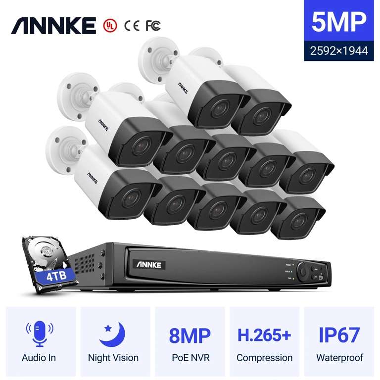ANNKE Sistema de seguridad de vídeo en red, 12 de cámaras IP para Exterior, 16 Canales