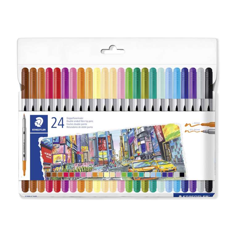 STAEDTLER 24 Rotuladores para colorear, doble extremo, ancho de trazo de 0,5 a 3,0 mm, 24 colores surtidos