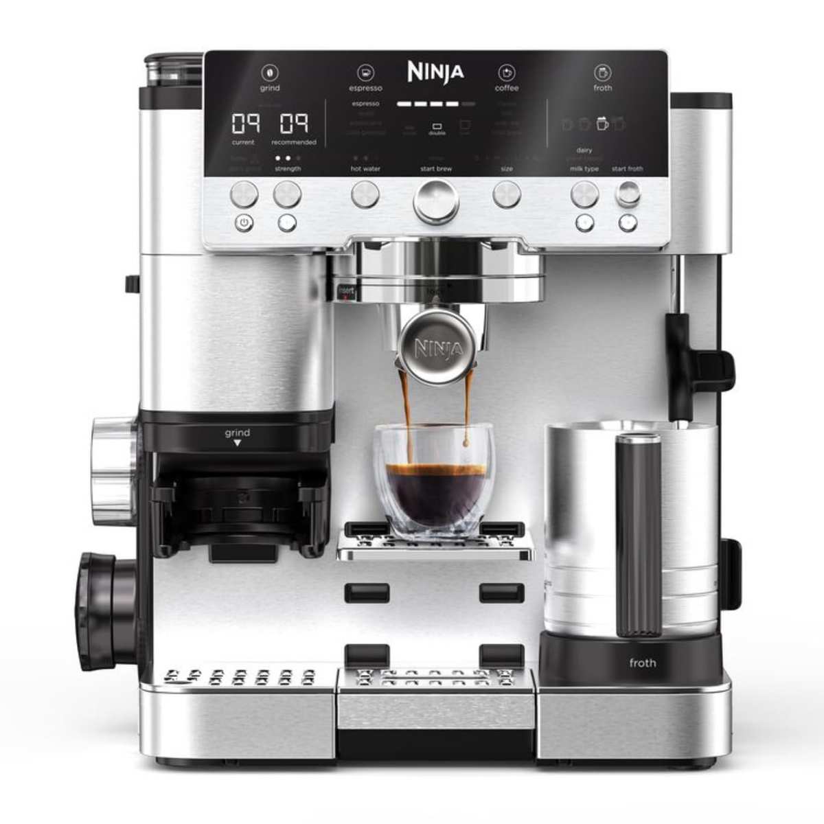 Ninja Luxe Premier, Cafetera 3 en 1, con Molinillo y Espumador Para Expreso, Cold Brew y Café de Filtro, 25 Ajustes de Molienda, 4 de Espuma