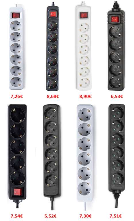Regletas básicas (6 y 5 tomas) con y sin interruptor, de 5,52€ a 8,90€.
