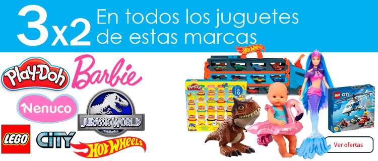 3x2 en juguetes de las marcas Lego City, Hot Wheels, Jurassic World, Barbie, Nenuco y Play-Doh (ver más)